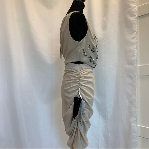 BEBE beige hand beaded one shoulder cutout ruched mini dress Sz M NWT 🔥 - Picture 4 of 11